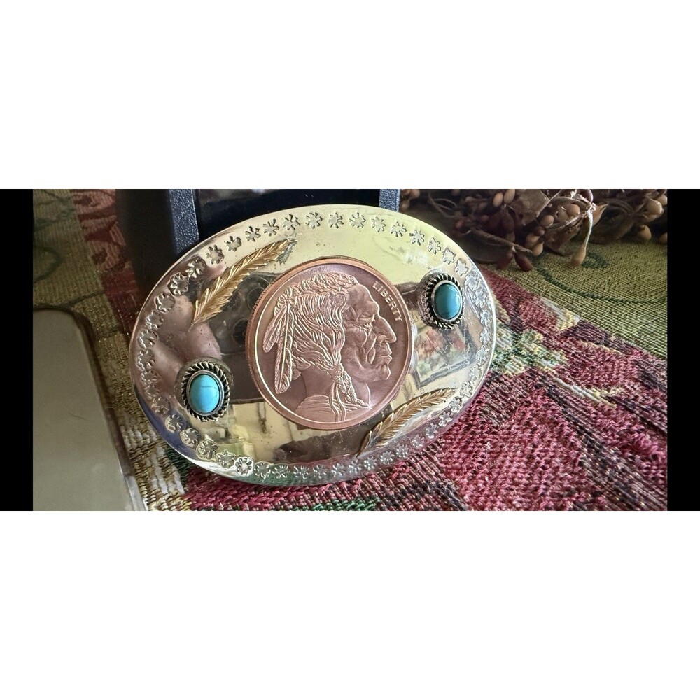 🔥RARE Silver Turquoise  Copper Indian Head Custom Handcrafted Belt Buckle